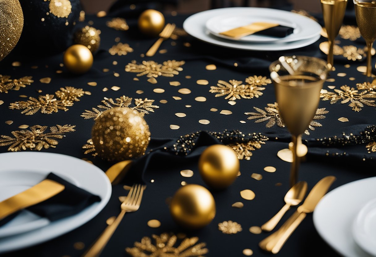 A black and gold tablecloth adorned with festive decorations for a 2025 New Year's celebration