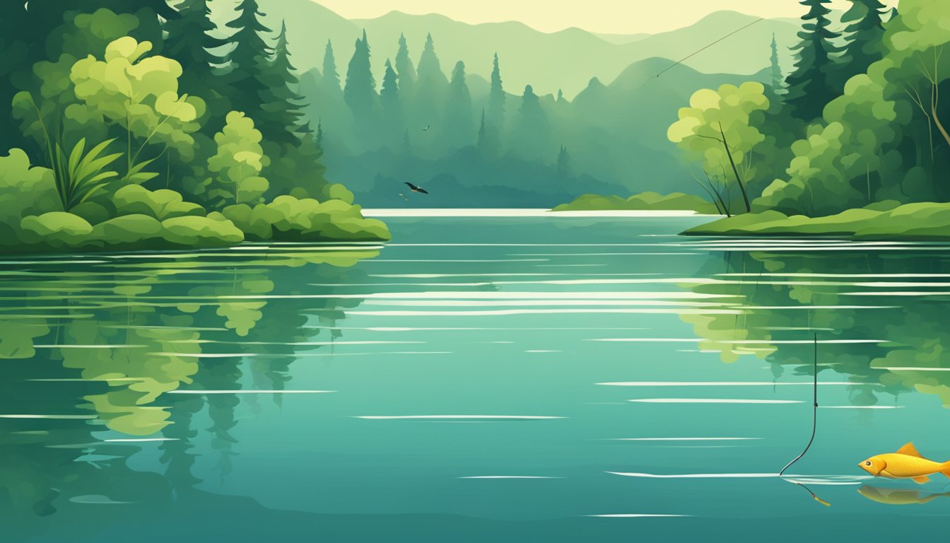 A serene lake surrounded by lush greenery, with a fishing rod casting a line into the water. A fish jumps out of the water, creating ripples in the calm surface