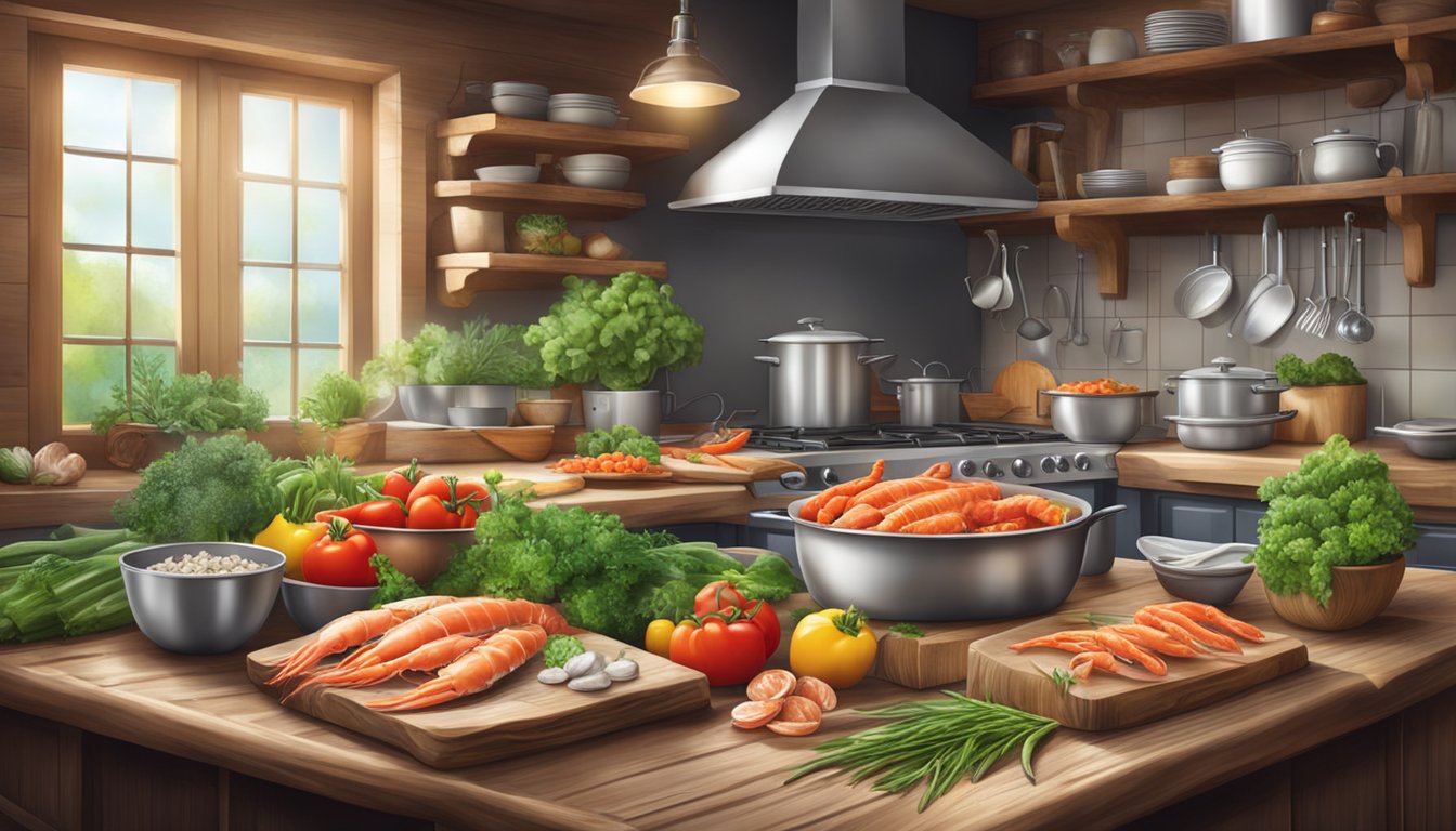 A rustic kitchen counter with fresh seafood, vibrant vegetables, and aromatic herbs arranged for a culinary adventure