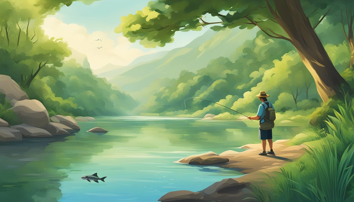 A serene riverbank with a person fishing, surrounded by lush greenery and wildlife. The fish caught are vibrant and healthy, showcasing the nutritional benefits of self-caught fish