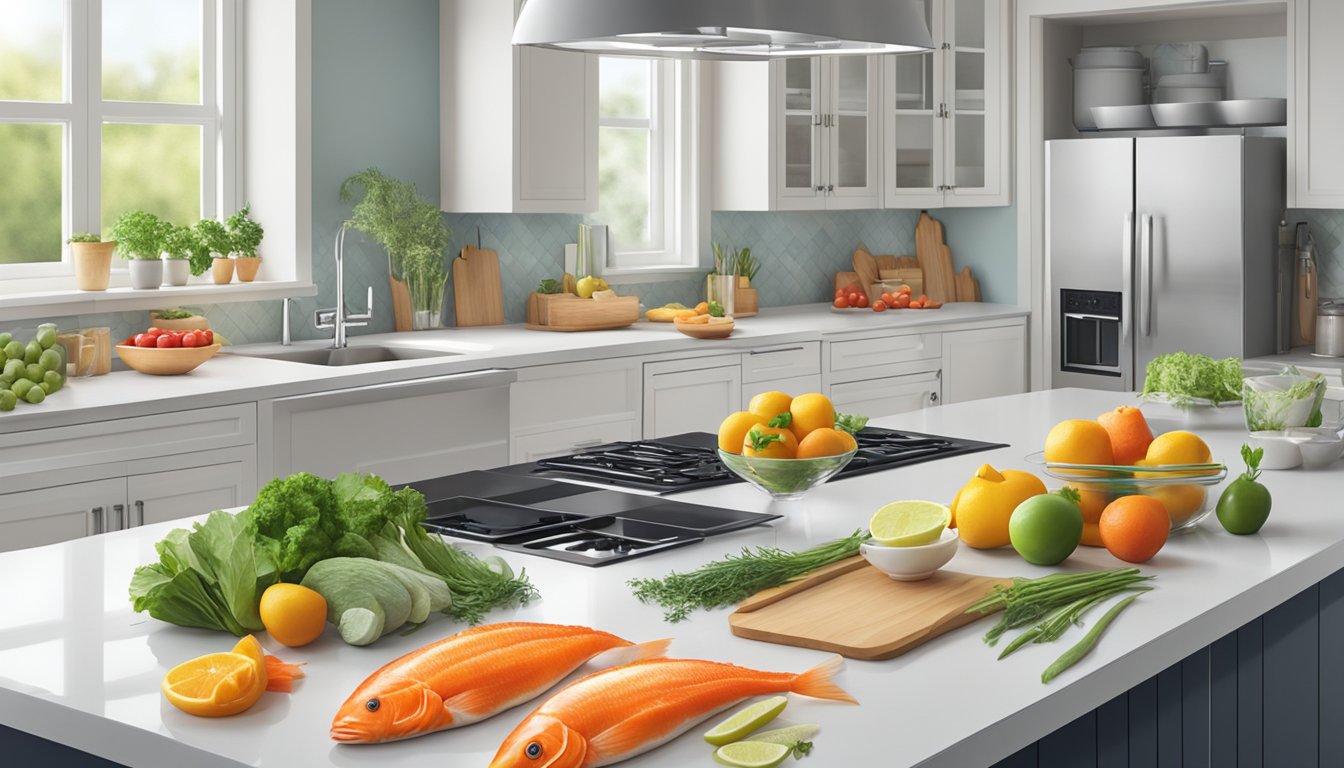 A colorful array of fresh ingredients and a variety of fish displayed on a clean, modern kitchen counter