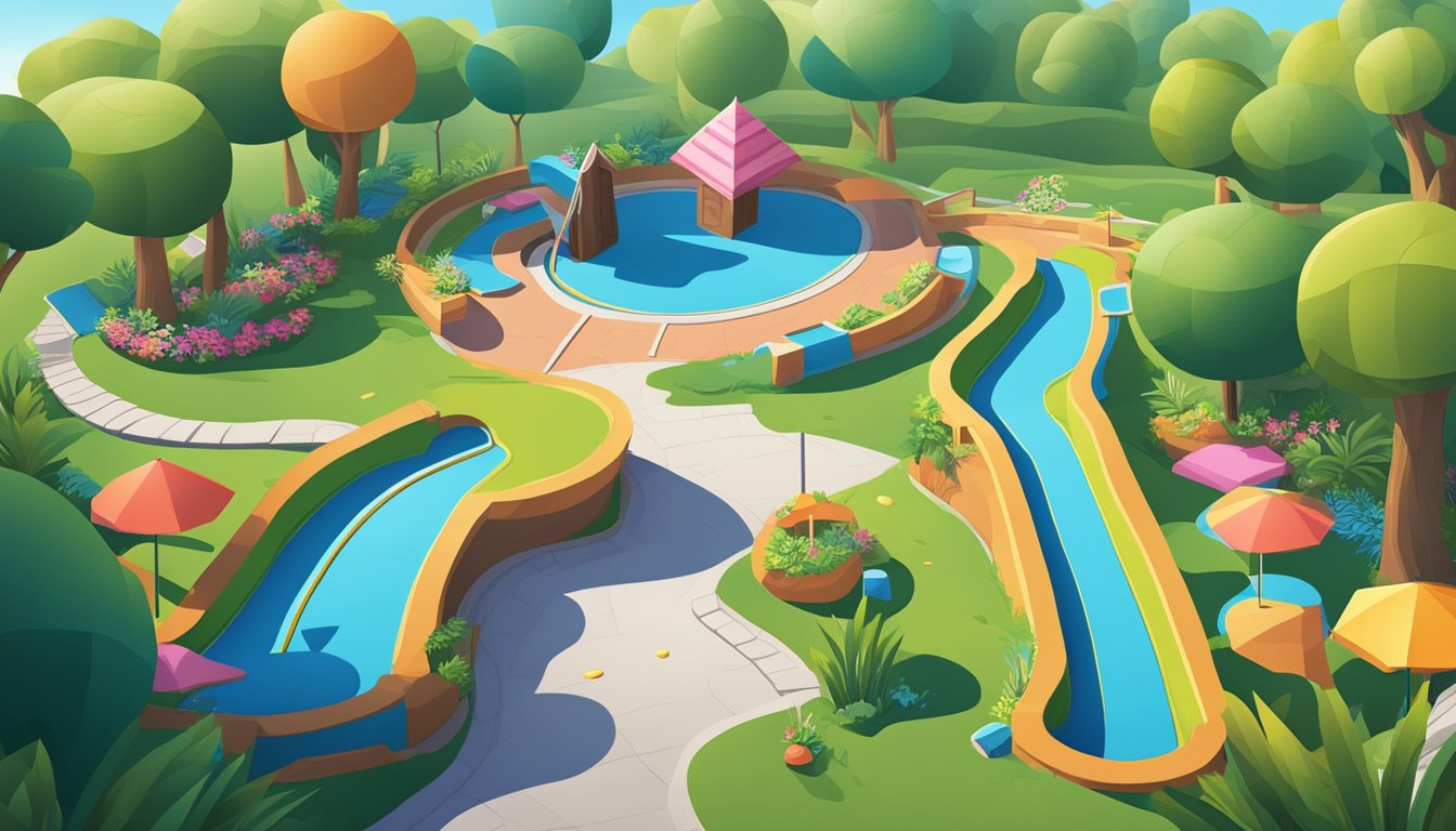 A colorful mini-golf course with BBQ-themed obstacles and decor, surrounded by lush greenery and a clear blue sky