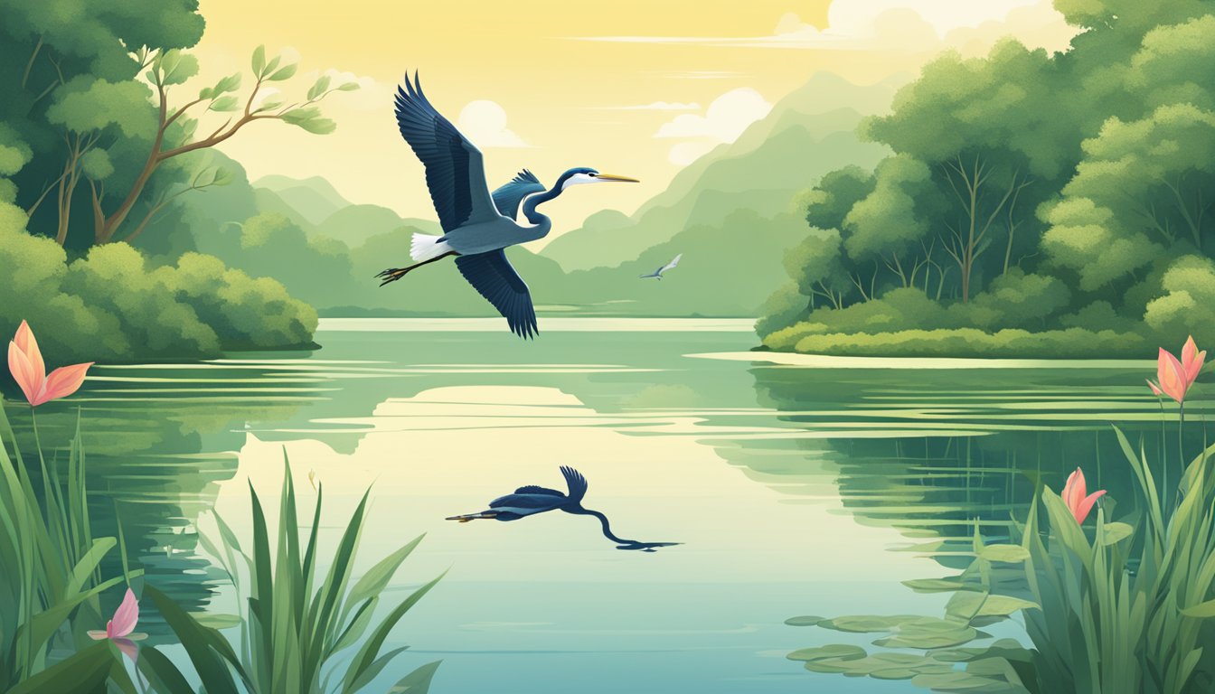 A serene lake surrounded by lush greenery, with a fish jumping out of the water, and a heron patiently waiting to catch its own meal