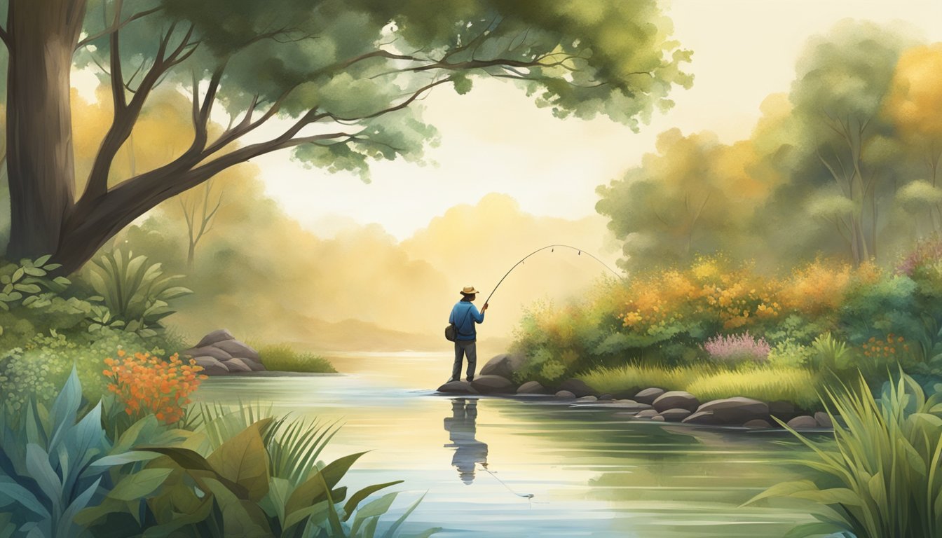 A serene riverbank with a person fishing, surrounded by diverse plants and wildlife, showcasing the connection between nature, nutrition, and health