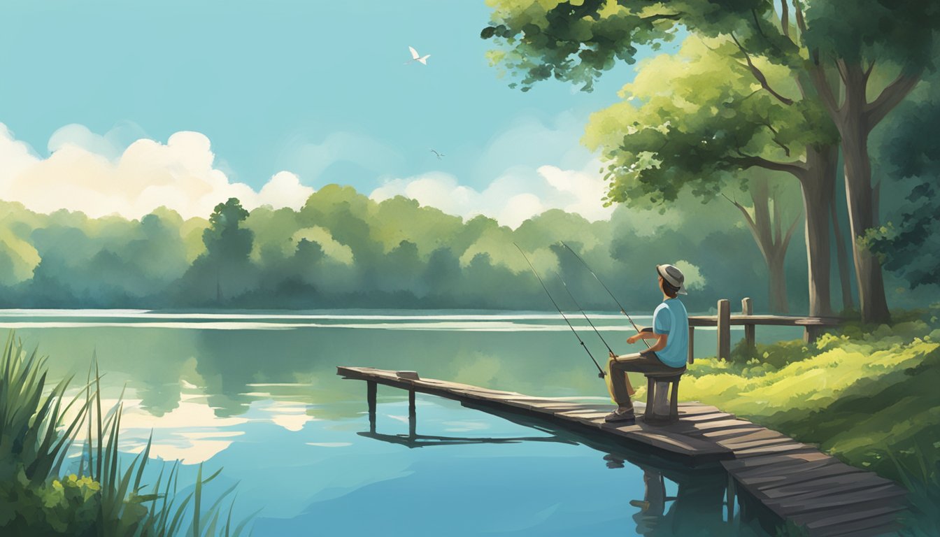 A serene lakeside with a person fishing from a dock, surrounded by lush greenery and a clear blue sky overhead