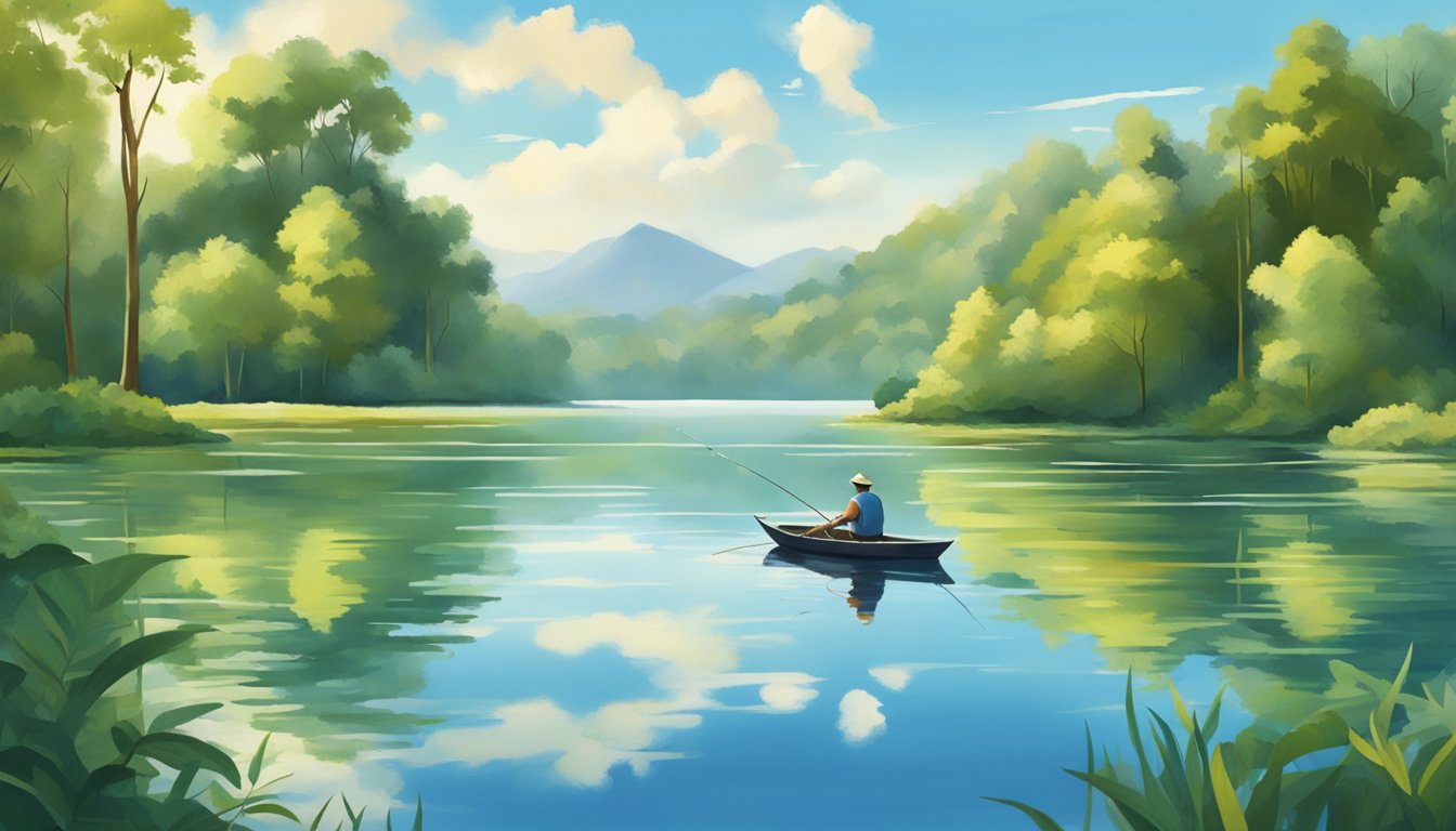 A serene lakeside with a person fishing from a boat, surrounded by lush greenery and clear blue skies. The water is calm, reflecting the surrounding landscape