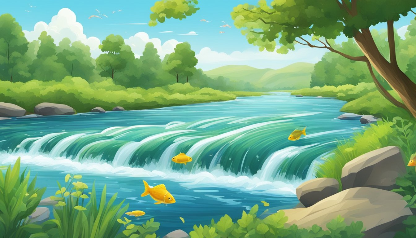 A serene river flowing through a lush, green landscape, with a variety of fish jumping out of the water. A forested backdrop and clear blue sky complete the scene