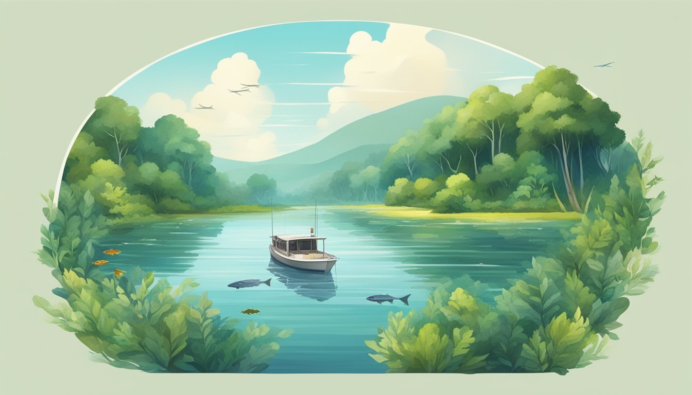 A serene river with diverse fish species swimming in clear water, surrounded by lush greenery and a peaceful, sustainable fishing boat in the distance