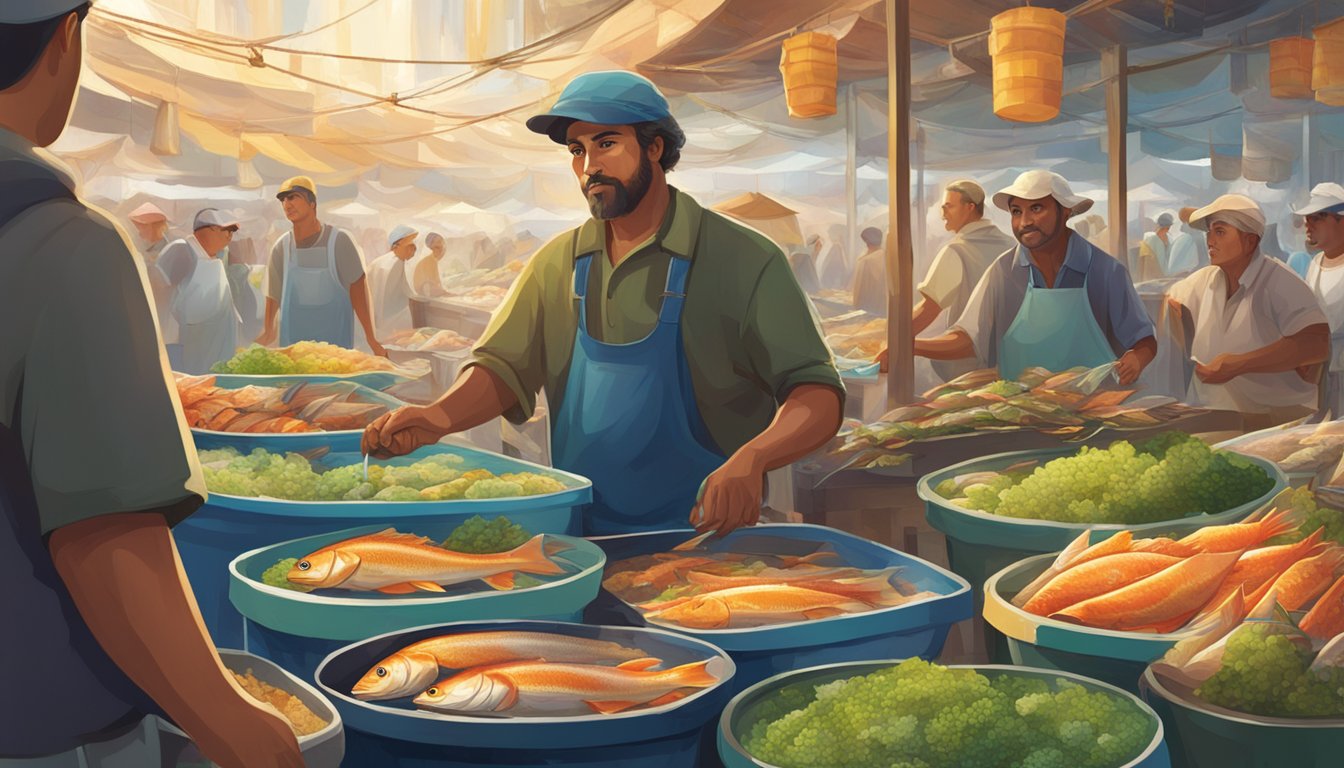 A fisherman holds up a gleaming, freshly caught fish, surrounded by a bustling fish market with colorful stalls and bustling activity