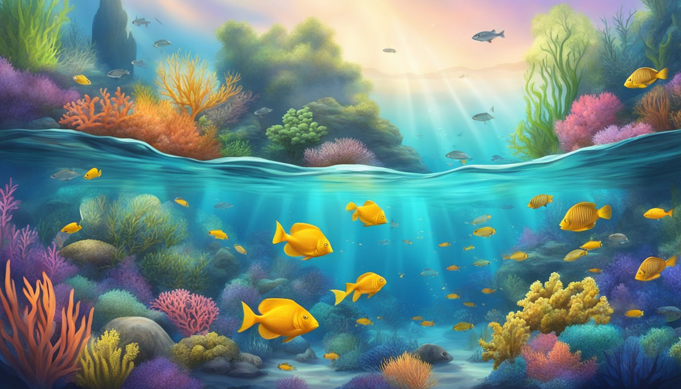 A serene underwater scene with a variety of fish species swimming amidst vibrant coral reefs and aquatic plants