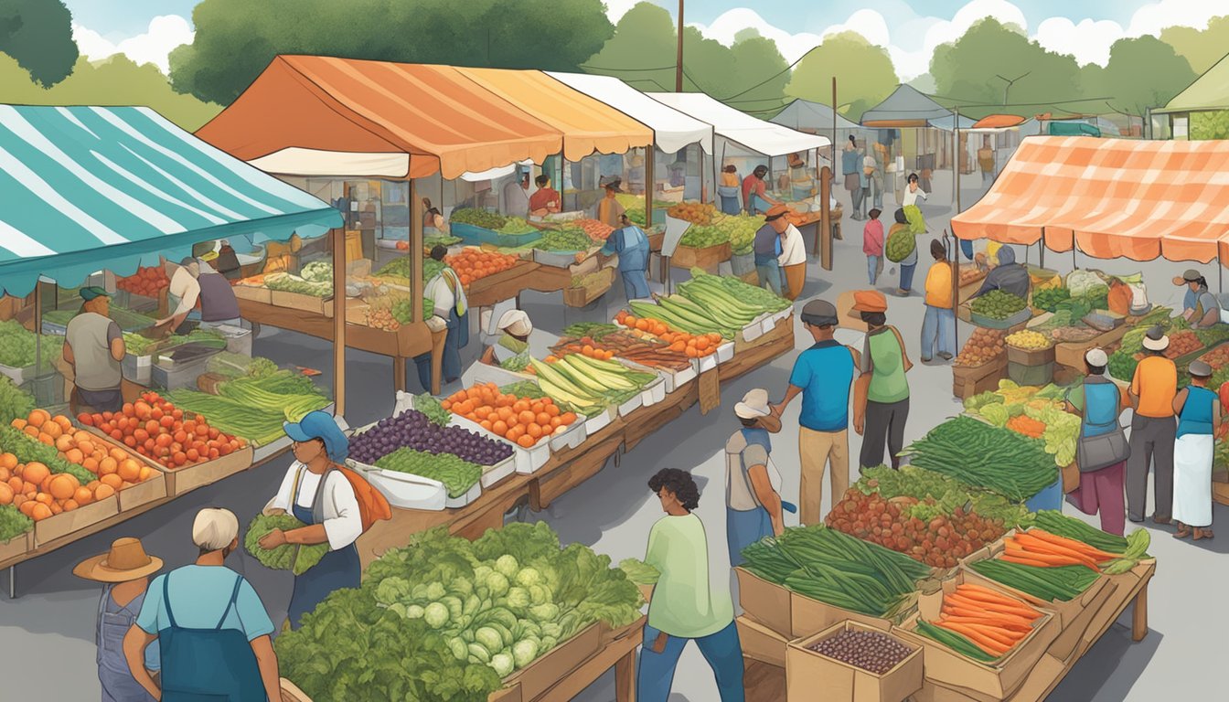 A bustling farmers' market with vendors selling fresh fish, fruits, and vegetables. Local community members gather to support their economy and enjoy the bounty of their ecosystem