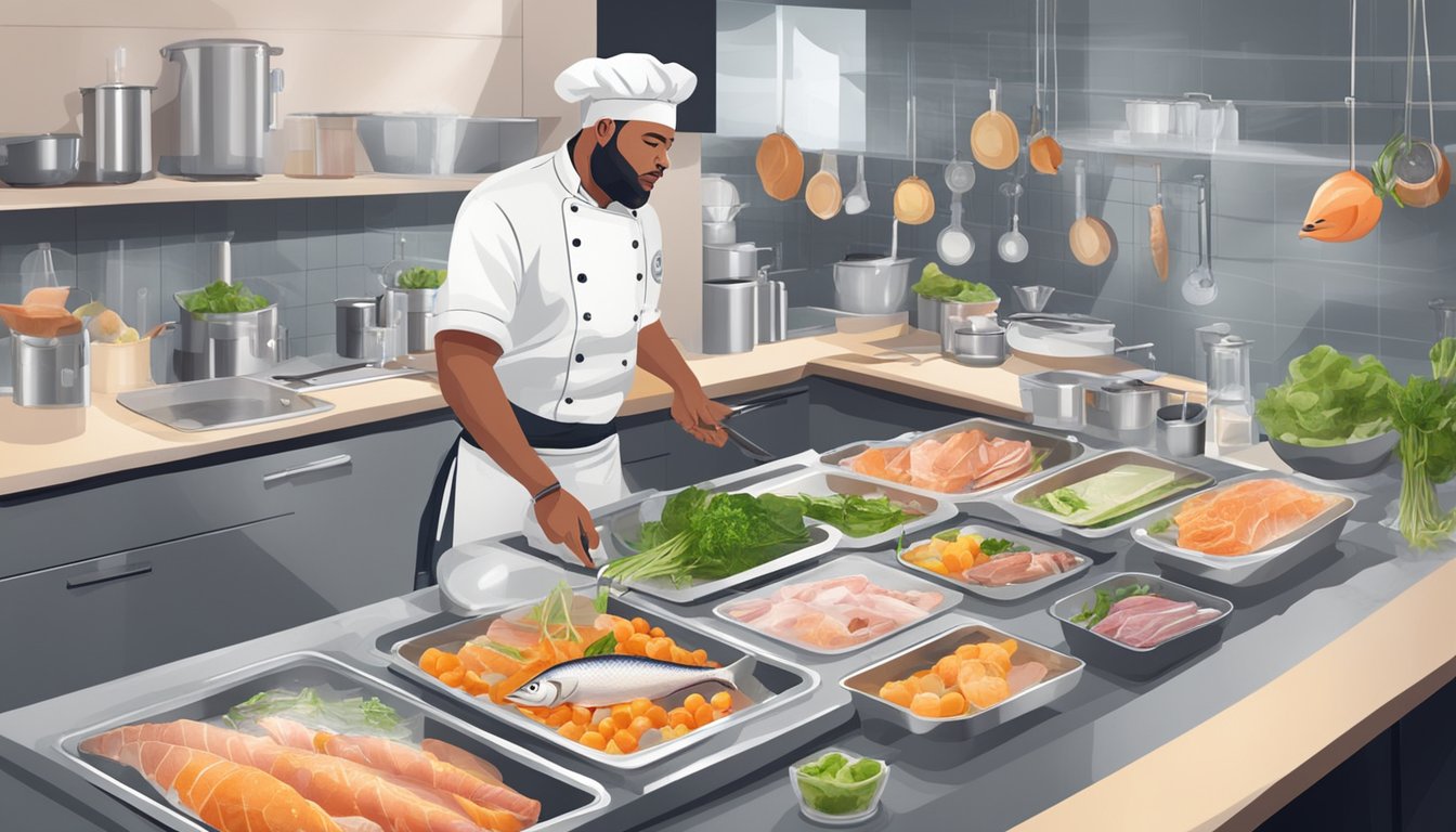 A chef uses sous vide and ceviche methods to prepare a variety of freshly caught fish, surrounded by modern kitchen equipment and ingredients