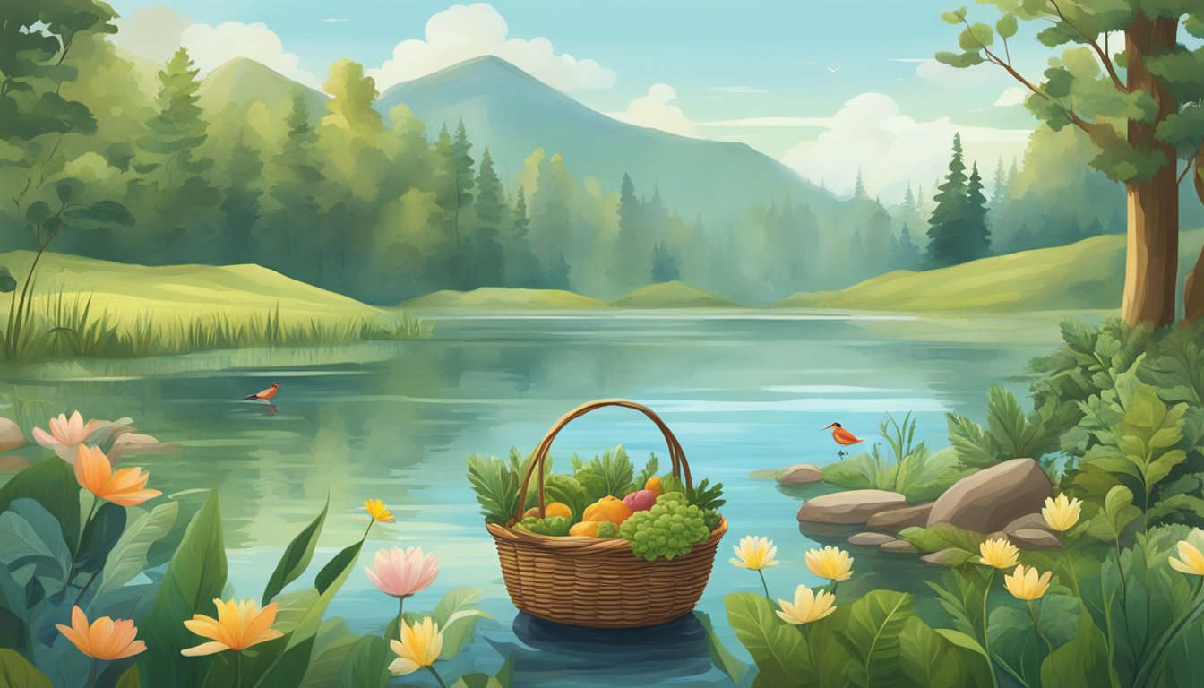 A serene lake surrounded by lush greenery, with a fishing rod and a basket of local produce nearby. Wild fish swim in the clear water, while birds and small animals forage in the background