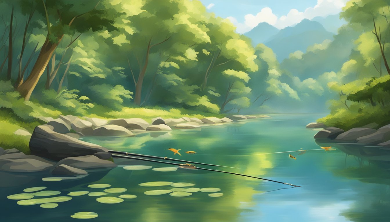 A serene riverbank with lush greenery, a fishing rod, and a variety of local fish swimming in the clear water