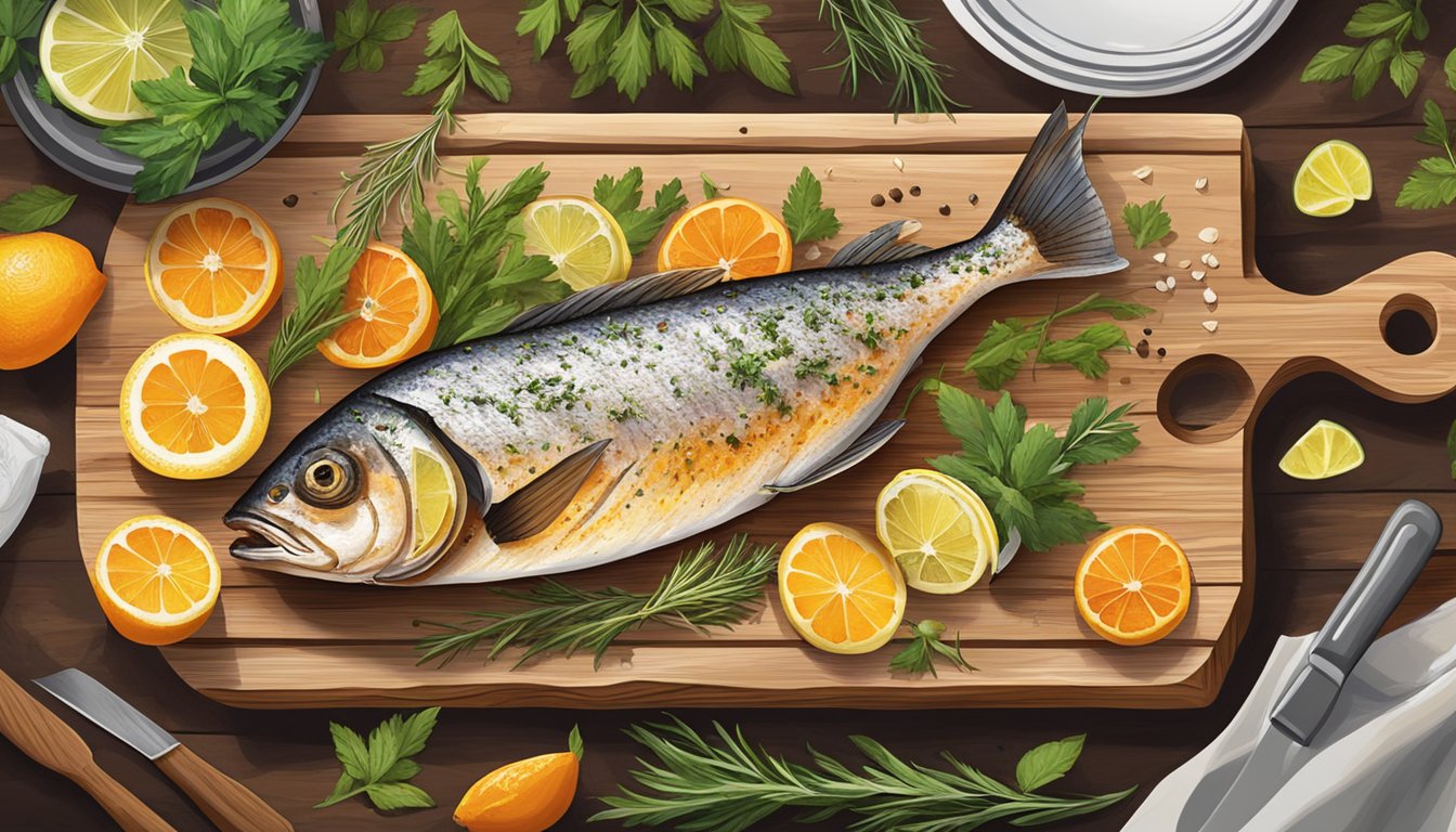 A chef expertly grills a whole fish on a cedar plank, surrounded by vibrant herbs, citrus slices, and assorted spices. The fish is being basted with a flavorful glaze, creating a visually appealing and appetizing dish