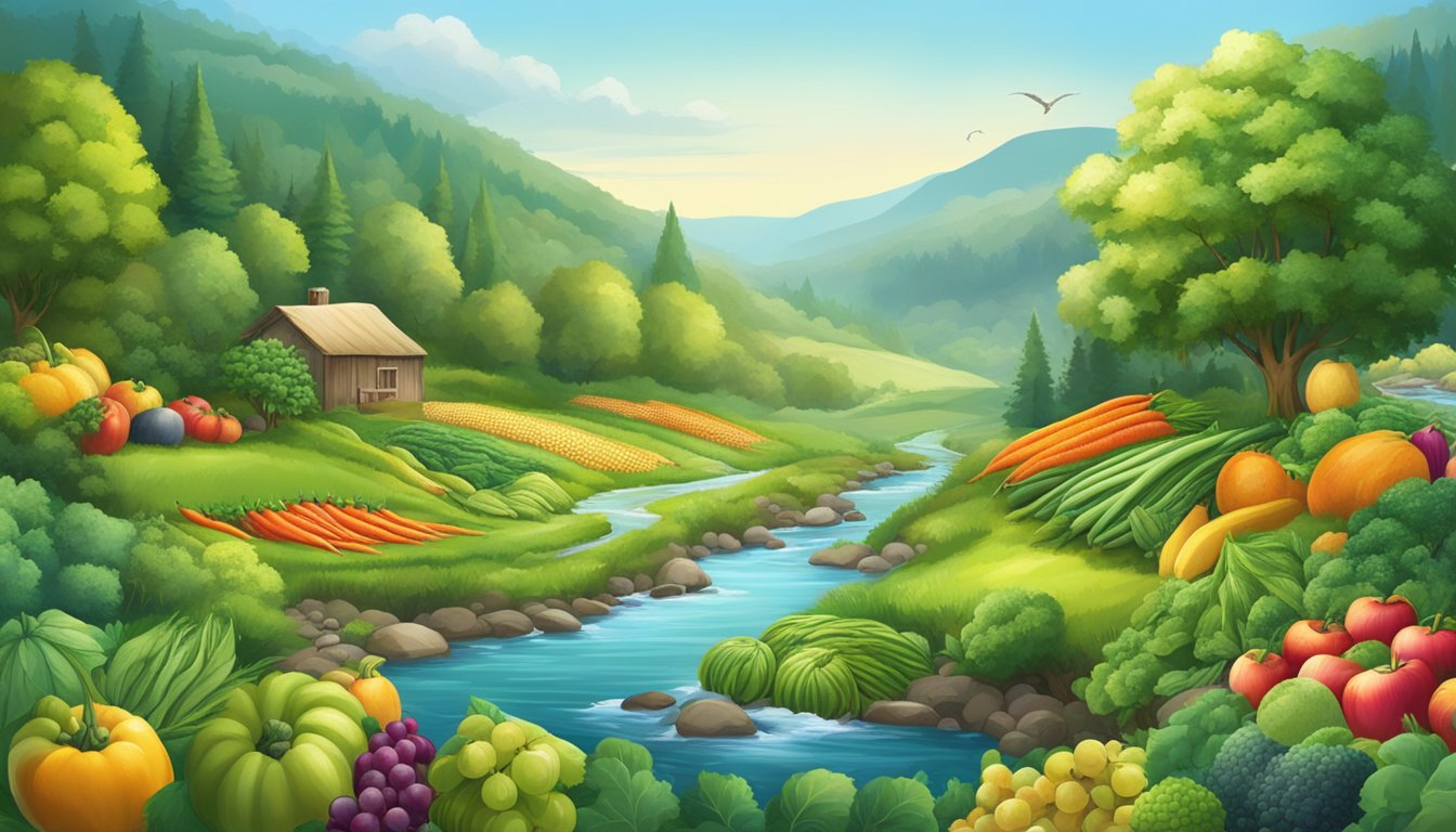 A lush, diverse landscape with a river, forest, and fields filled with an abundance of fresh fruits, vegetables, and fish