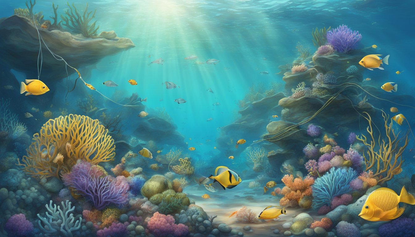 A serene underwater landscape with tangled fishing gear and damaged coral, surrounded by a variety of marine life