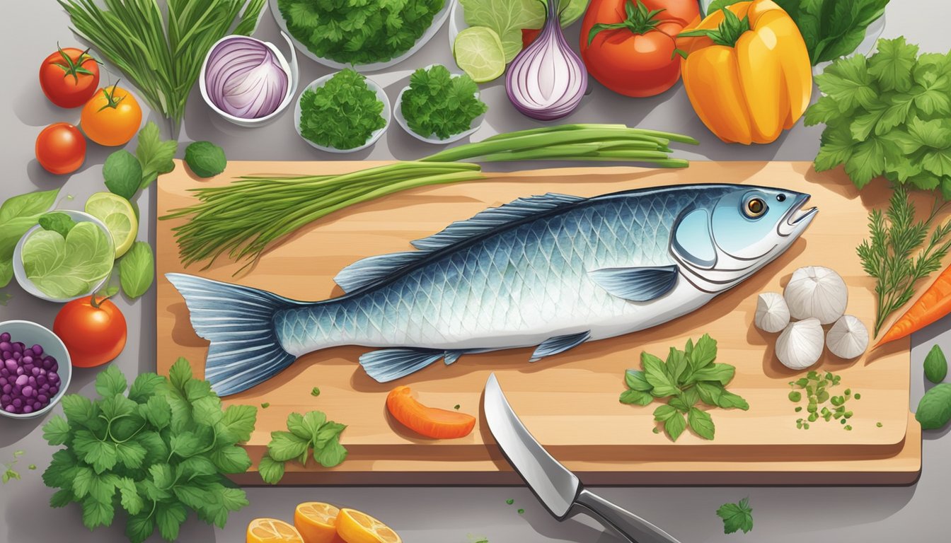 A fish being prepared using innovative cooking techniques, surrounded by fresh herbs and colorful vegetables on a clean, modern kitchen countertop