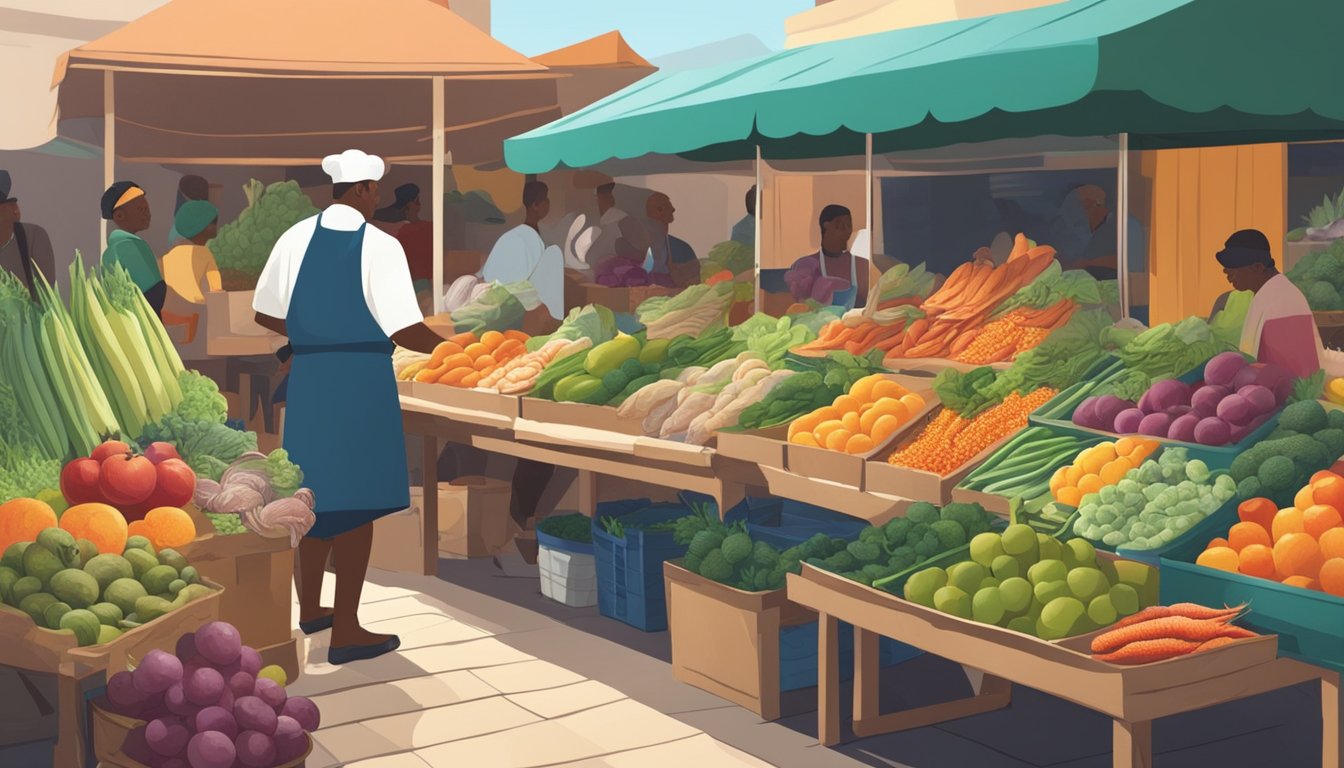 A colorful market stall overflowing with fresh, locally-sourced fruits, vegetables, and seafood. A chef selects ingredients while chatting with a fisherman