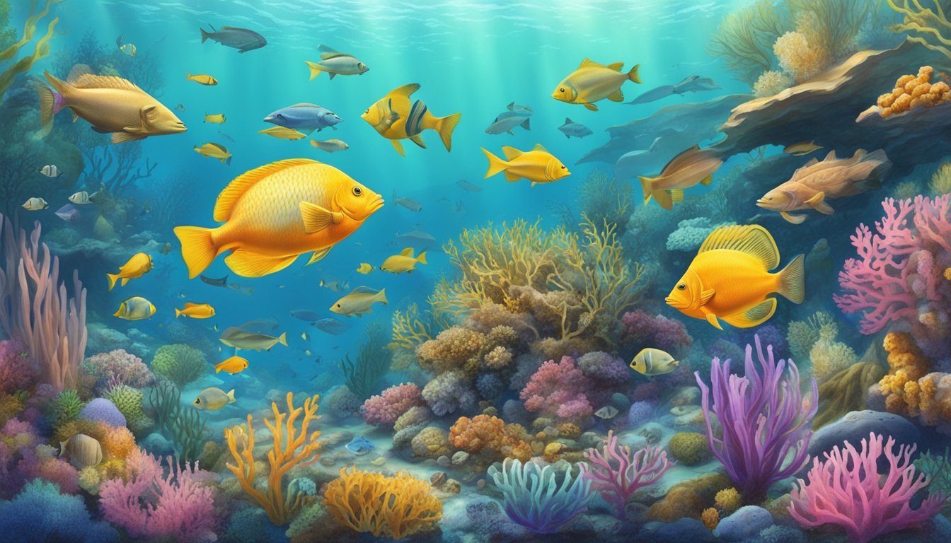 A diverse underwater ecosystem with various lesser-known edible fish species swimming among vibrant coral reefs and sea plants