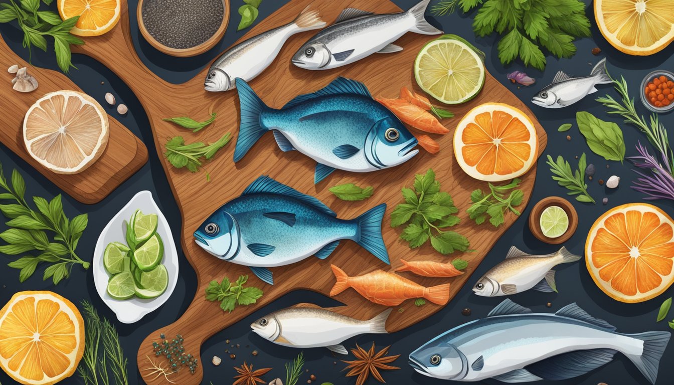 A colorful array of fish species arranged on a wooden cutting board, surrounded by vibrant herbs and spices