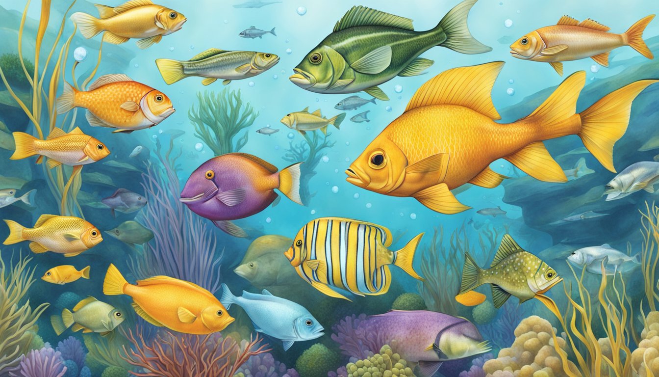 A colorful array of diverse fish varieties swimming in a vibrant underwater ecosystem, showcasing the nutritional benefits and forgotten flavors of lesser-known edible species