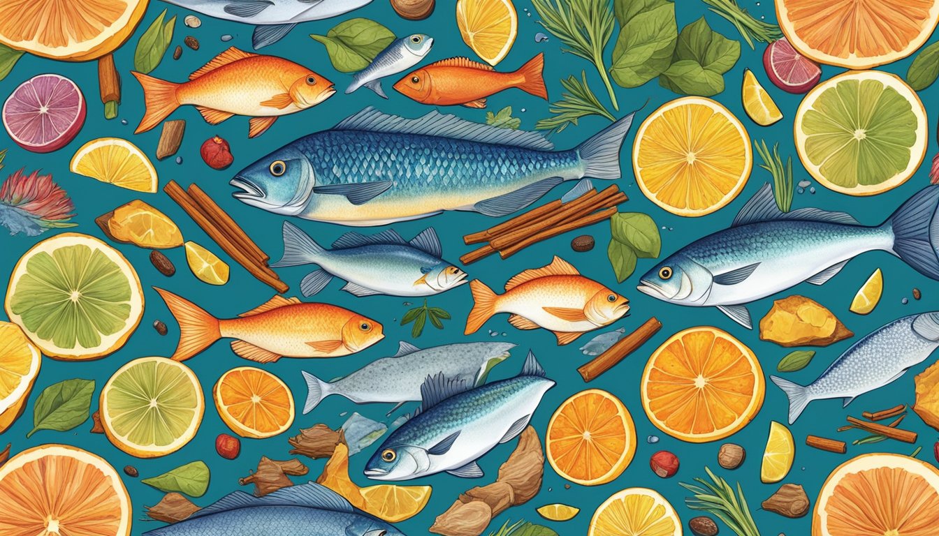 A colorful array of fish arranged in a circular pattern, surrounded by vibrant ingredients and spices, representing the diverse flavors of America's favorite edible fish