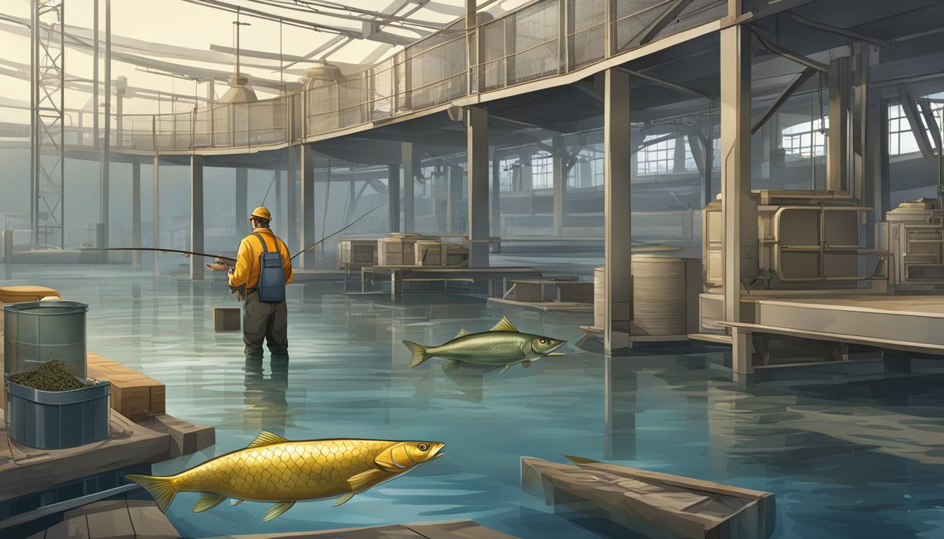 A fisherman using traditional methods to preserve fish alongside a modern preservation facility with advanced technology