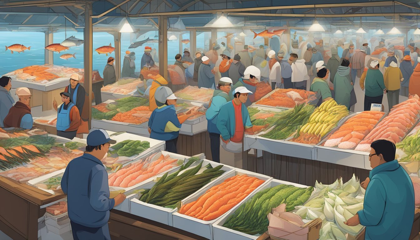 A bustling seafood market with a colorful array of fish on ice, including salmon, tuna, cod, and shrimp. Customers and vendors interact amidst the lively atmosphere