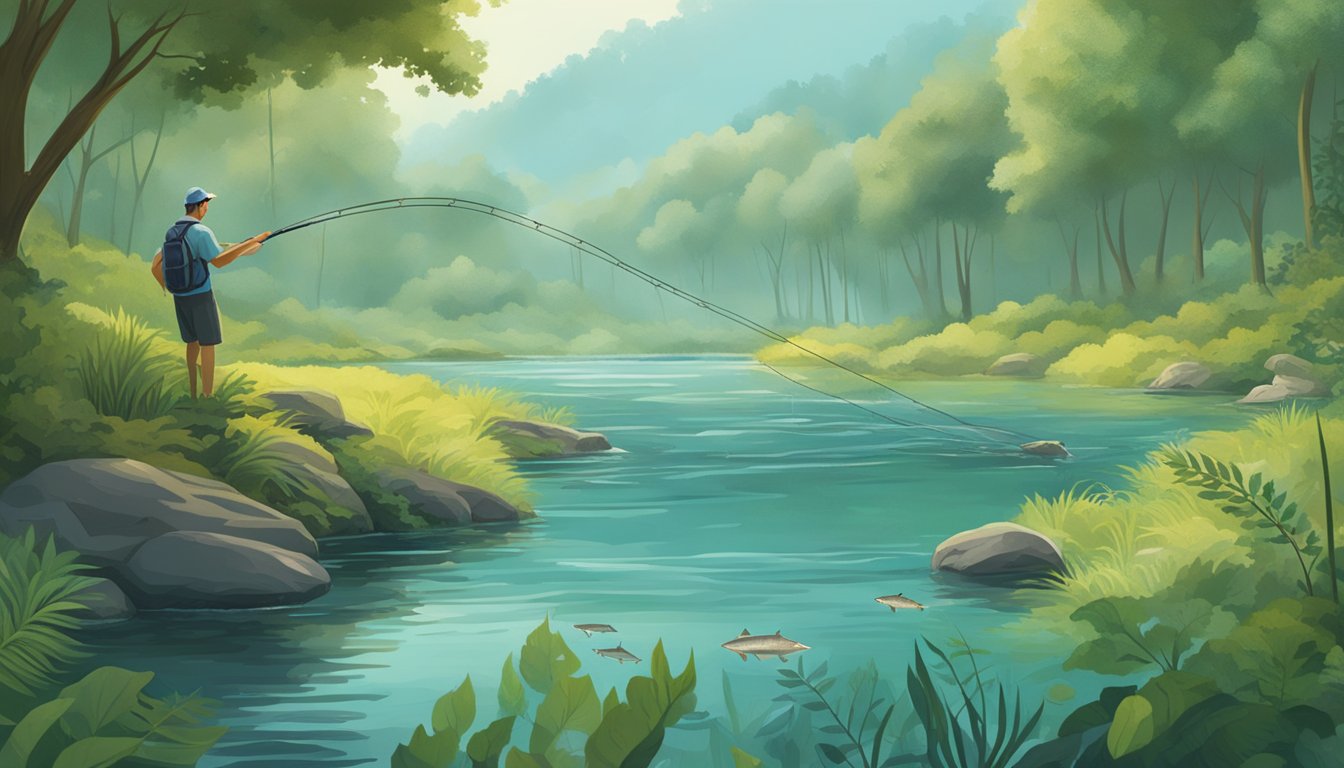 A fisherman casting a net into a tranquil river, surrounded by lush greenery and various lesser-known fish species swimming beneath the surface