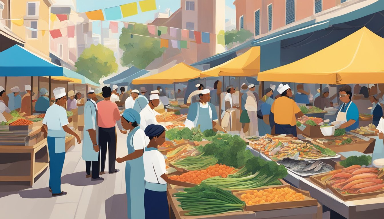 A bustling open-air market with colorful stalls showcasing an array of lesser-known edible fish species. Chefs and food enthusiasts browse the selection, discussing innovative ways to incorporate these forgotten flavors into modern cuisine