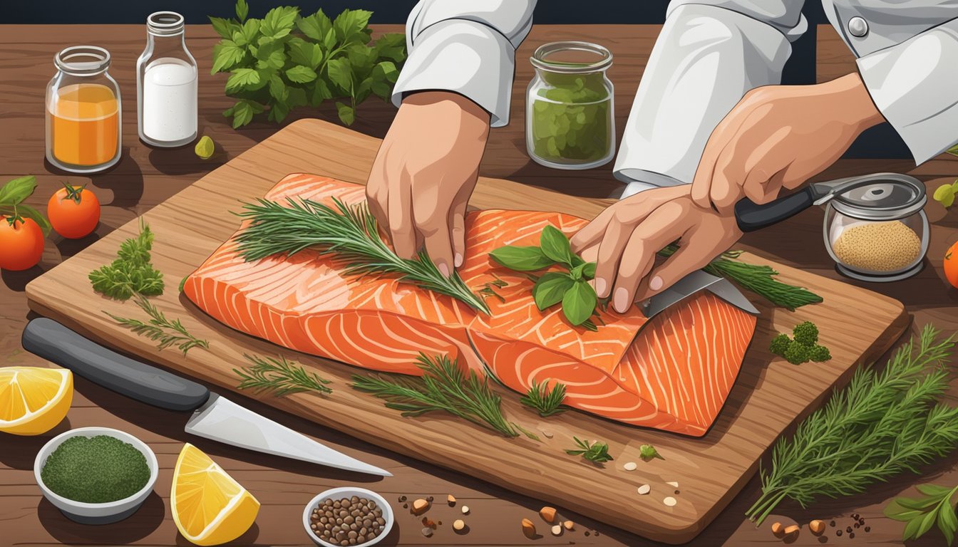 A chef fillets a salmon on a wooden cutting board, surrounded by various herbs, spices, and cooking utensils