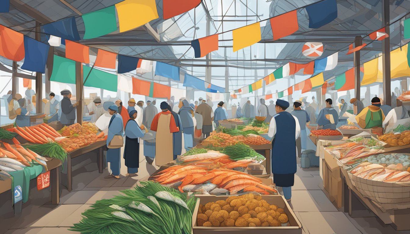 A bustling fish market with diverse seafood on display, surrounded by flags and symbols representing different cultures