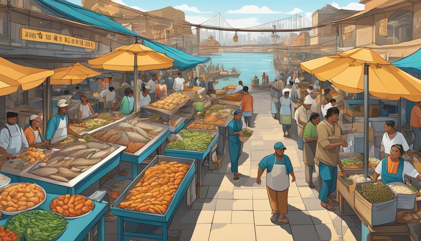 A bustling fish market with a variety of lesser-known edible fish species on display, surrounded by diverse cultural symbols and vibrant food vendors