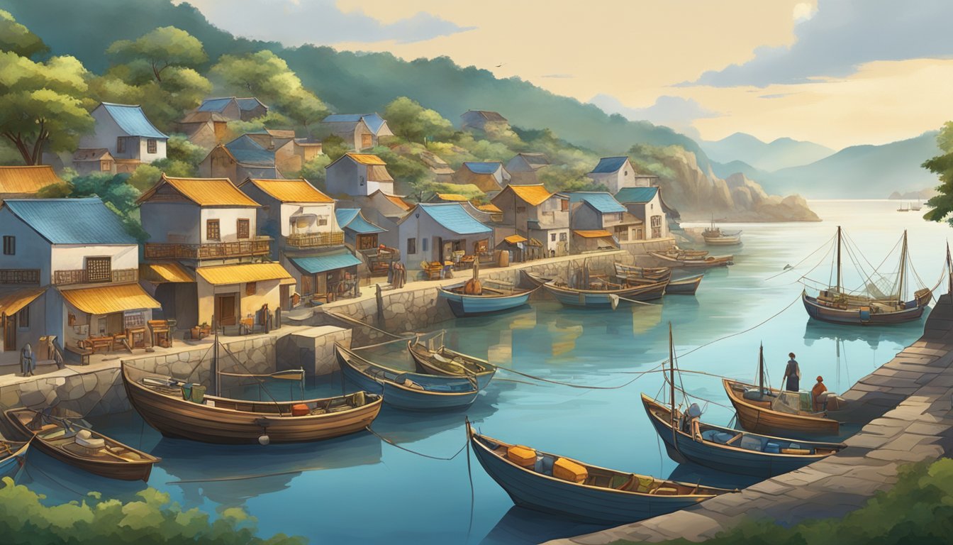 A bustling fishing village with traditional and modern preservation methods on display, surrounded by boats and nets