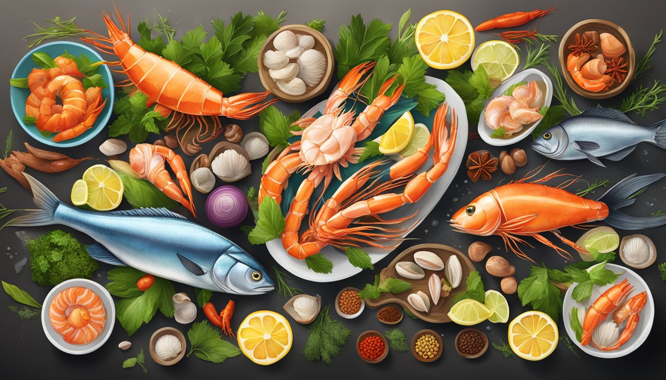 A colorful array of various seafood, including fish, shrimp, and shellfish, arranged on a table surrounded by vibrant herbs and spices