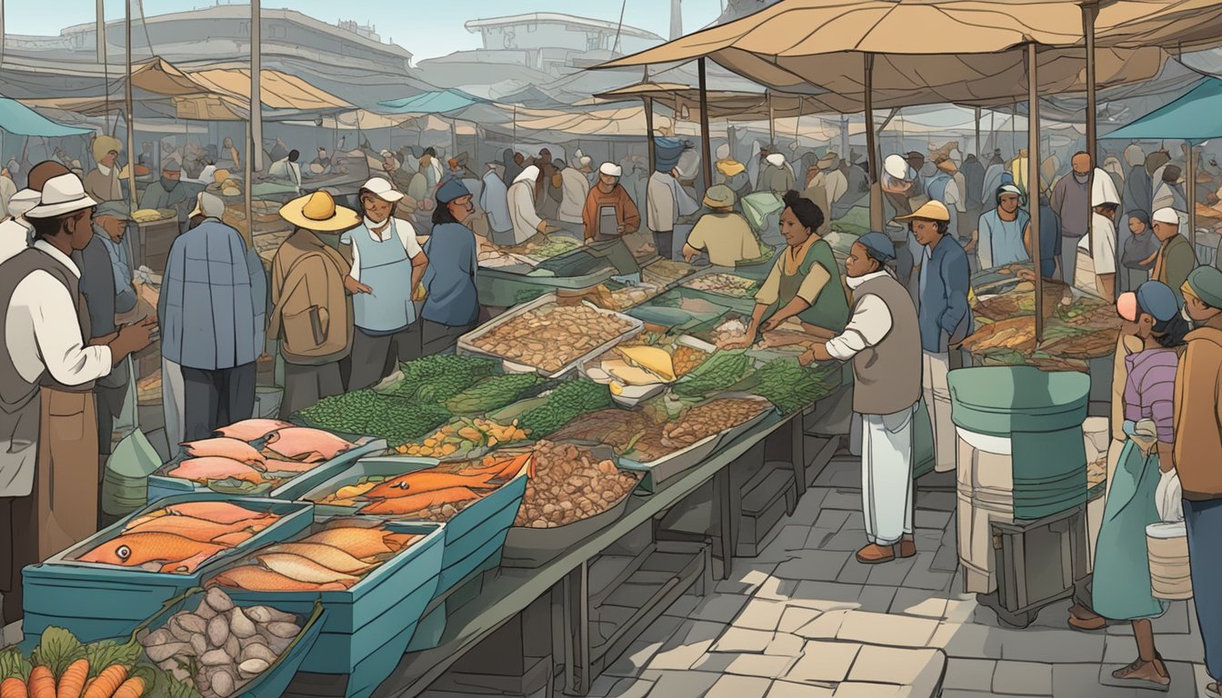 A bustling fish market with a variety of lesser-known edible fish species on display, surrounded by curious onlookers and vendors