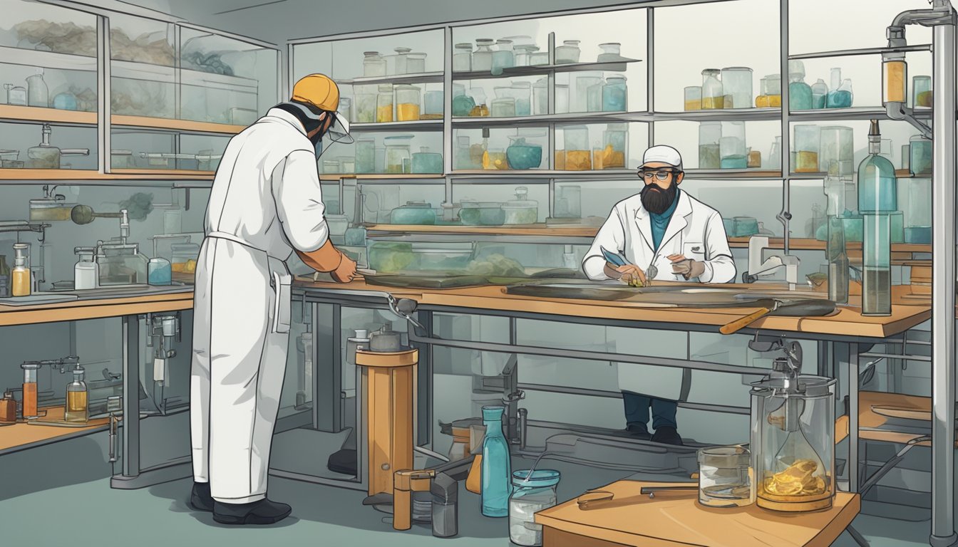 A fisherman uses traditional smoking methods while a scientist works on advanced preservation techniques in a modern laboratory