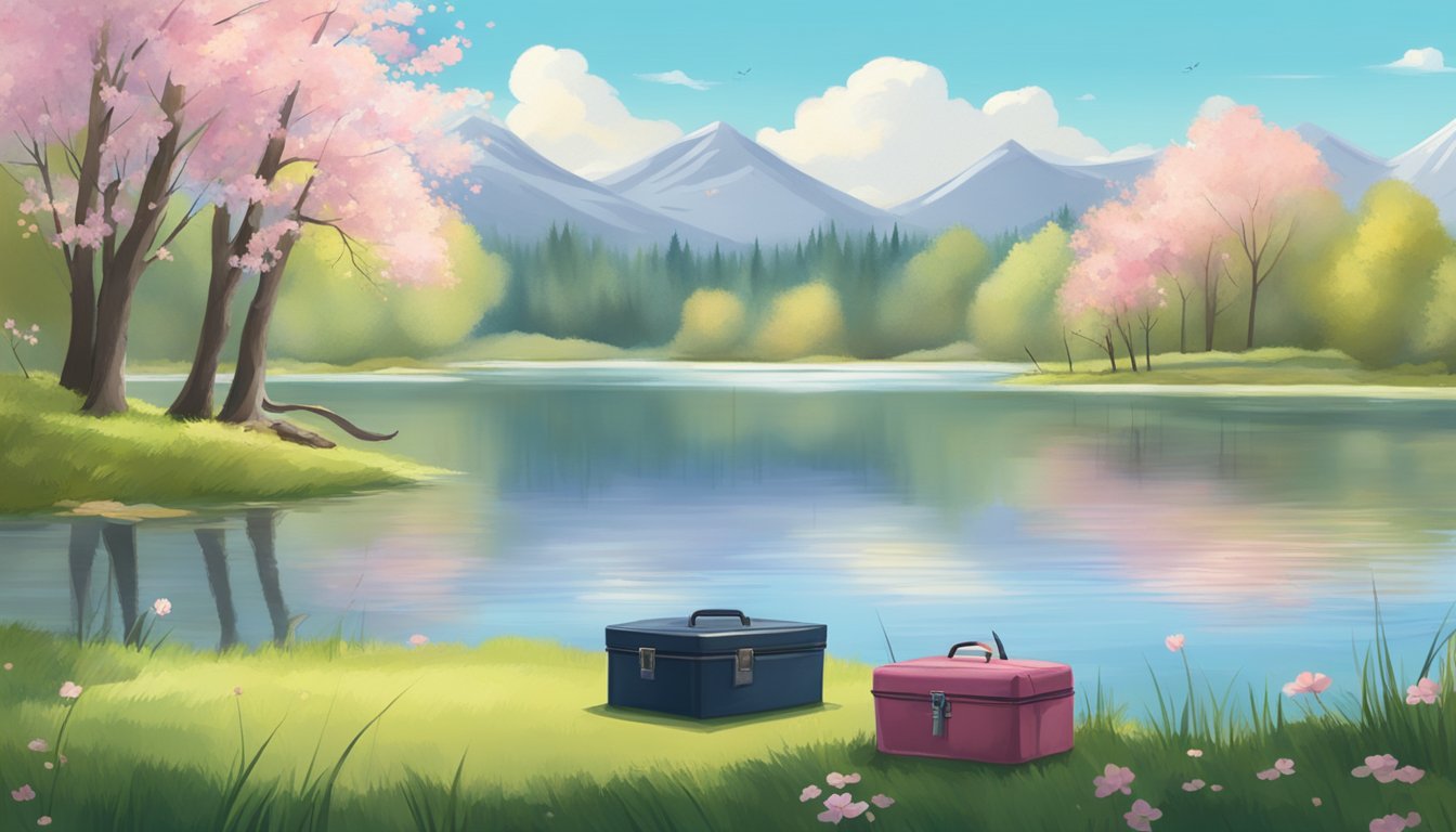 A serene lake surrounded by blossoming trees, with a fishing rod and tackle box laying on the grassy shore