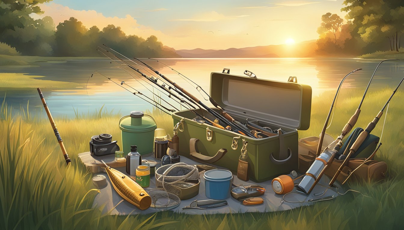 A serene lakeside scene with a fishing rod, tackle box, and various types of seasonal fishing gear laid out on the grass. The sun is setting, casting a warm glow over the tranquil water