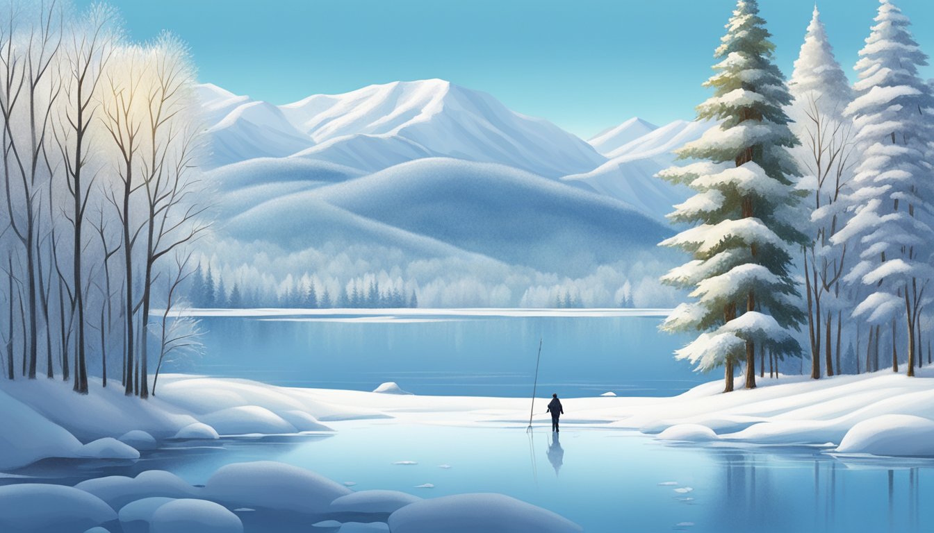 A lone figure fishes on a frozen lake, surrounded by snow-covered trees and a clear blue sky