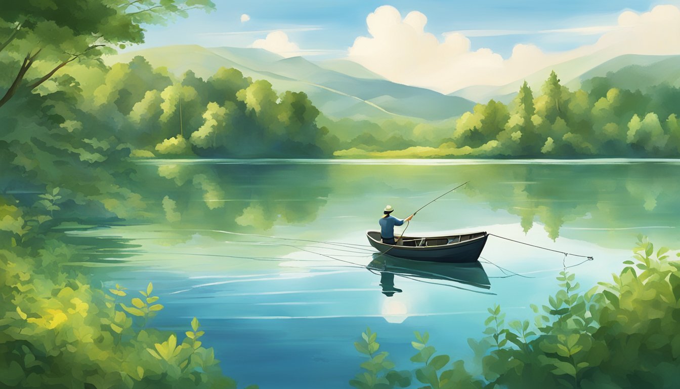 A serene lake surrounded by lush greenery, with a fishing boat and a person casting a line, capturing the essence of prime fishing locations and the seasonal specialties of the area