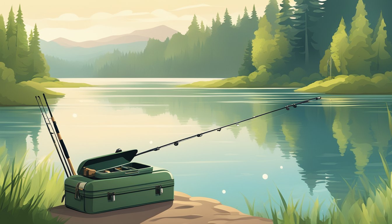 A serene lake surrounded by lush greenery, with a fishing rod and tackle box set up on the shore, ready for a day of angling