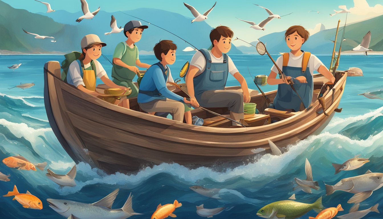 A family of four fishing on a wooden boat in the ocean, surrounded by seagulls and a variety of seafood