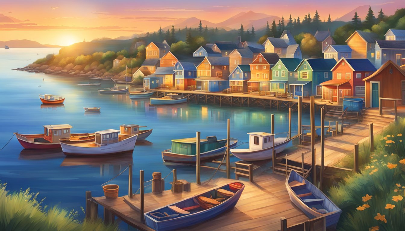 A picturesque coastal town with colorful fishing boats, a bustling dock, and quaint seafood shacks set against a backdrop of rolling hills and a vibrant sunset