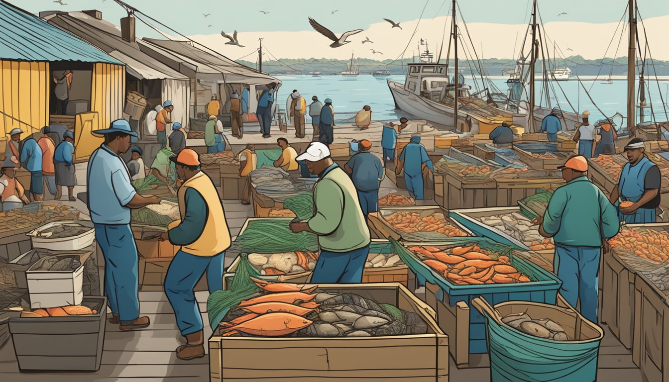 A bustling fish market with colorful boats, nets, and crates of fresh seafood. A fisherman unloads a catch while others mend their nets. Seagulls circle overhead