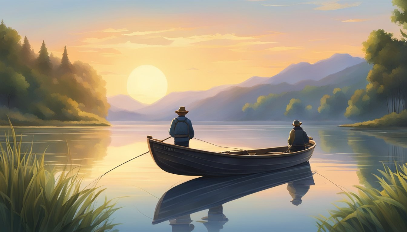 A tranquil lake at dawn, surrounded by lush greenery. A fishing boat sits in the calm water, with a fisherman casting his line. The sun is just beginning to rise, casting a soft golden glow over the scene