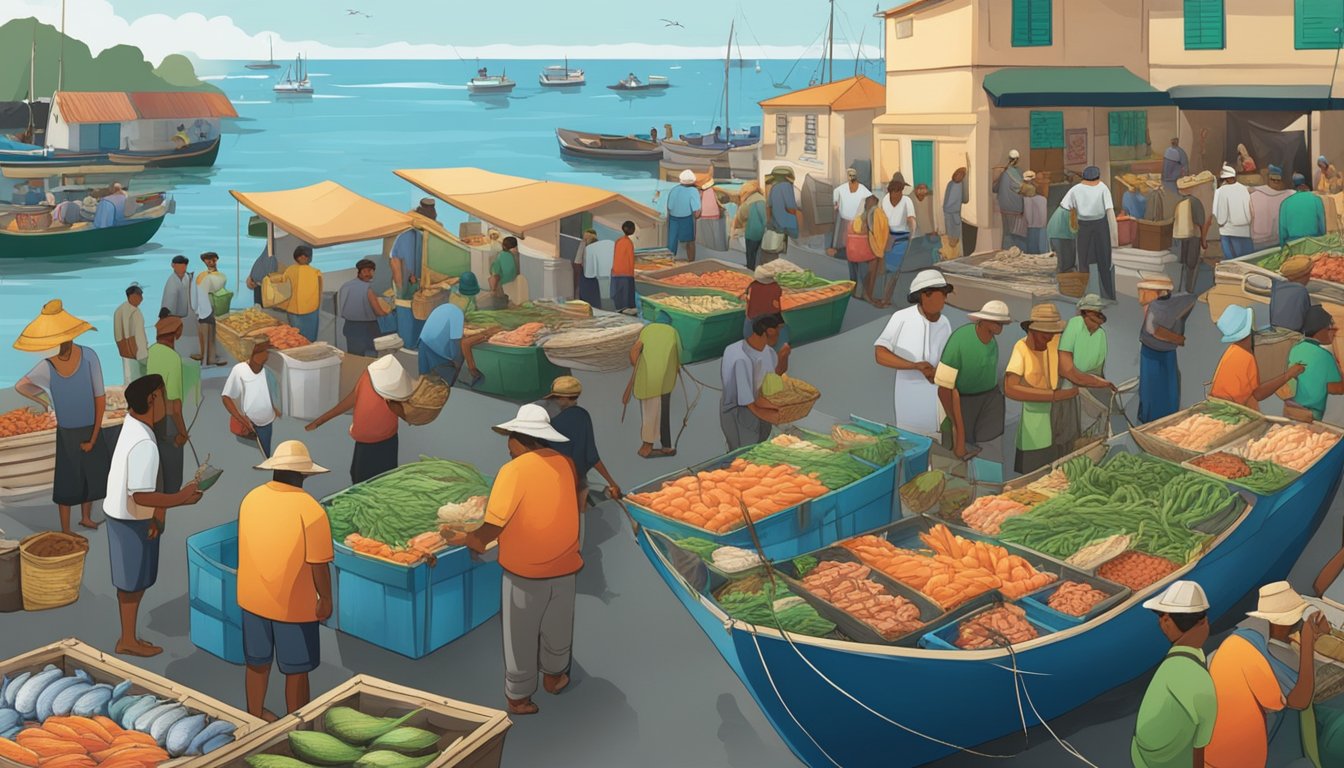 A bustling fishing market with colorful boats unloading their catch, fishermen mending nets, and locals trading fresh seafood and sharing stories