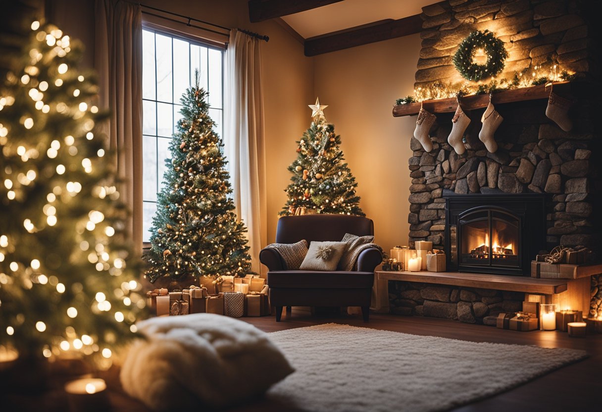 A cozy cabin adorned with festive decor: a crackling fireplace, twinkling lights, wreaths, stockings, and a beautifully decorated Christmas tree