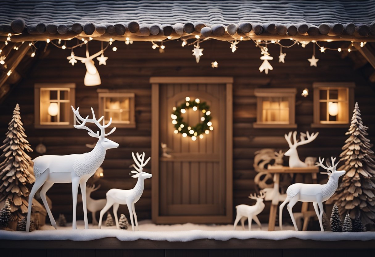 A cozy cabin adorned with 16 rustic wooden reindeer Christmas decorations